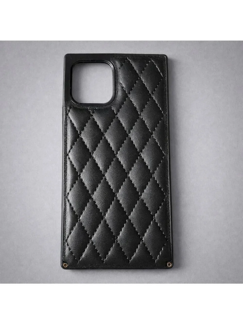 Black Quilted Leather‑Style Phone Case – Diamond Stitch Pattern, Camera Cutout
